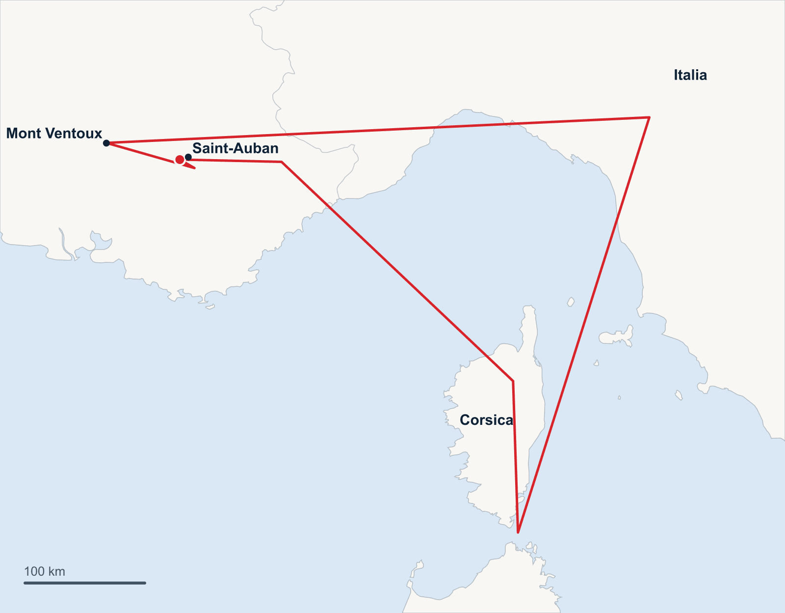 Route map of the triangle flight from Saint-Auban over Corsica and Italy and back