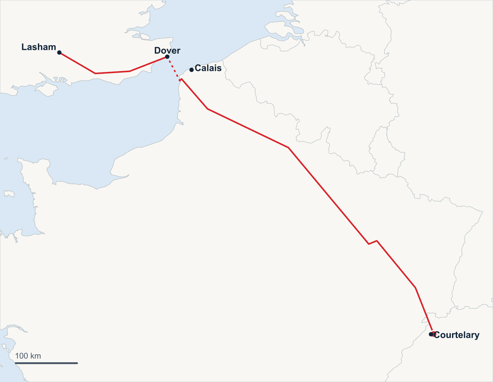 Routenkarte des Flugs von Courtelary über Frankreich und den Ärmelkanal nach Lasham