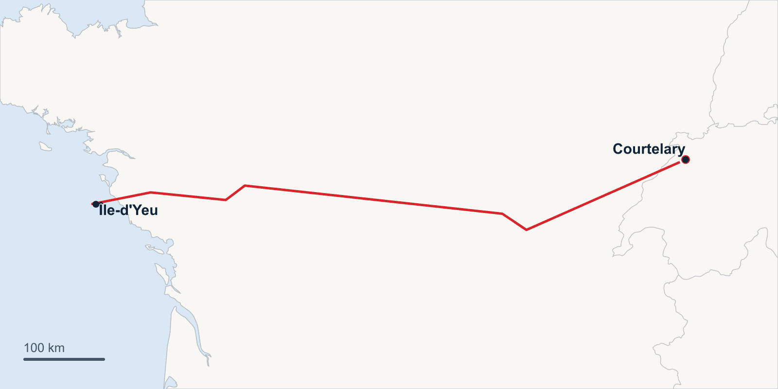Route map of the flight from Courtelary across France to the Atlantic island of Île-d'Yeu